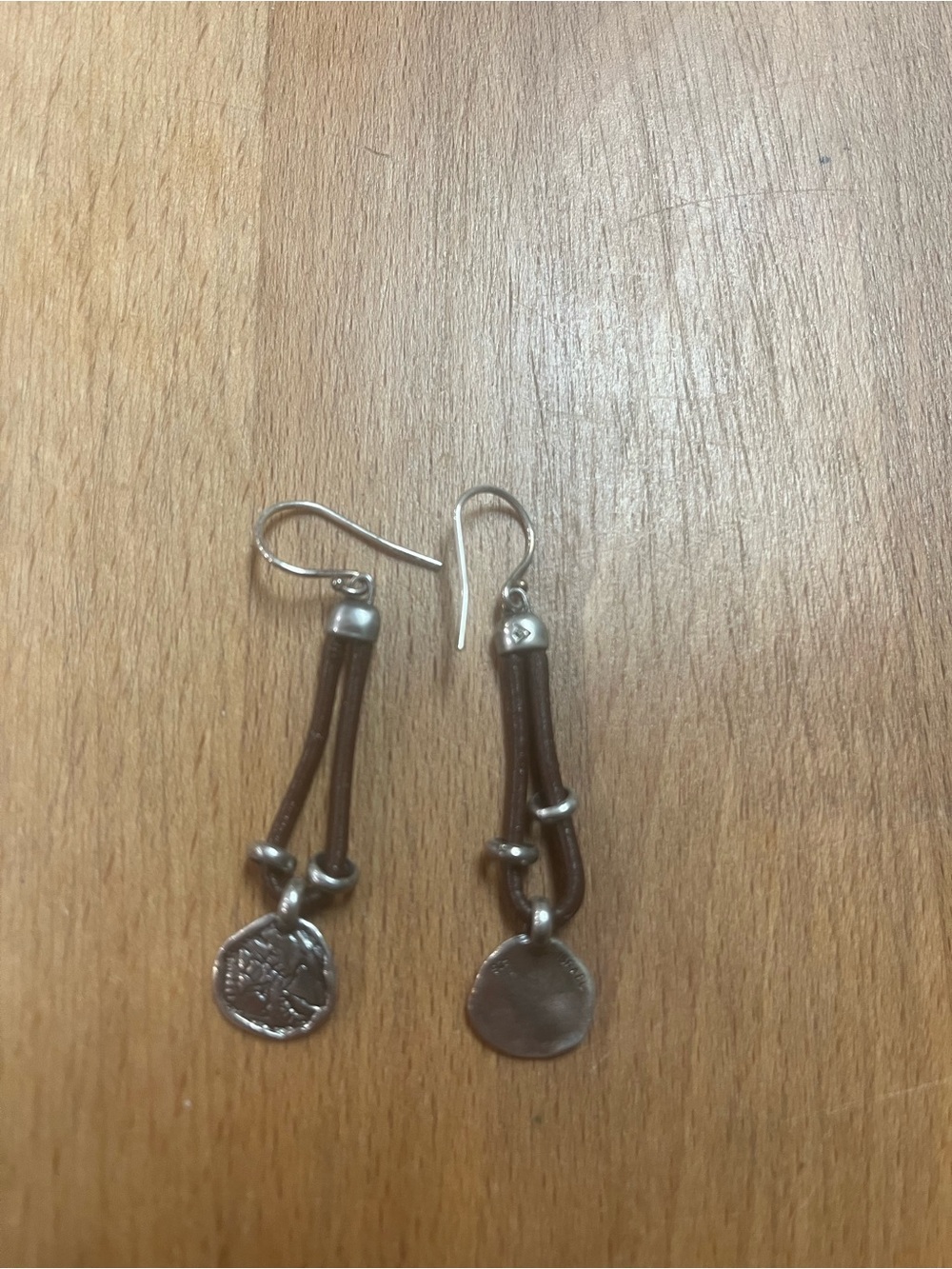 Silpada Brown Leather Cord Earrings with Silver Coin Charms - Picture 2 of 2